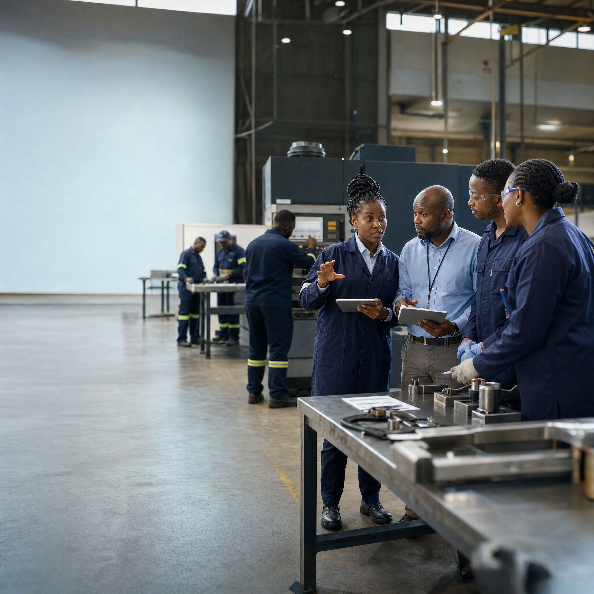 Training manager and employees reviewing a skills plan on a factory floor