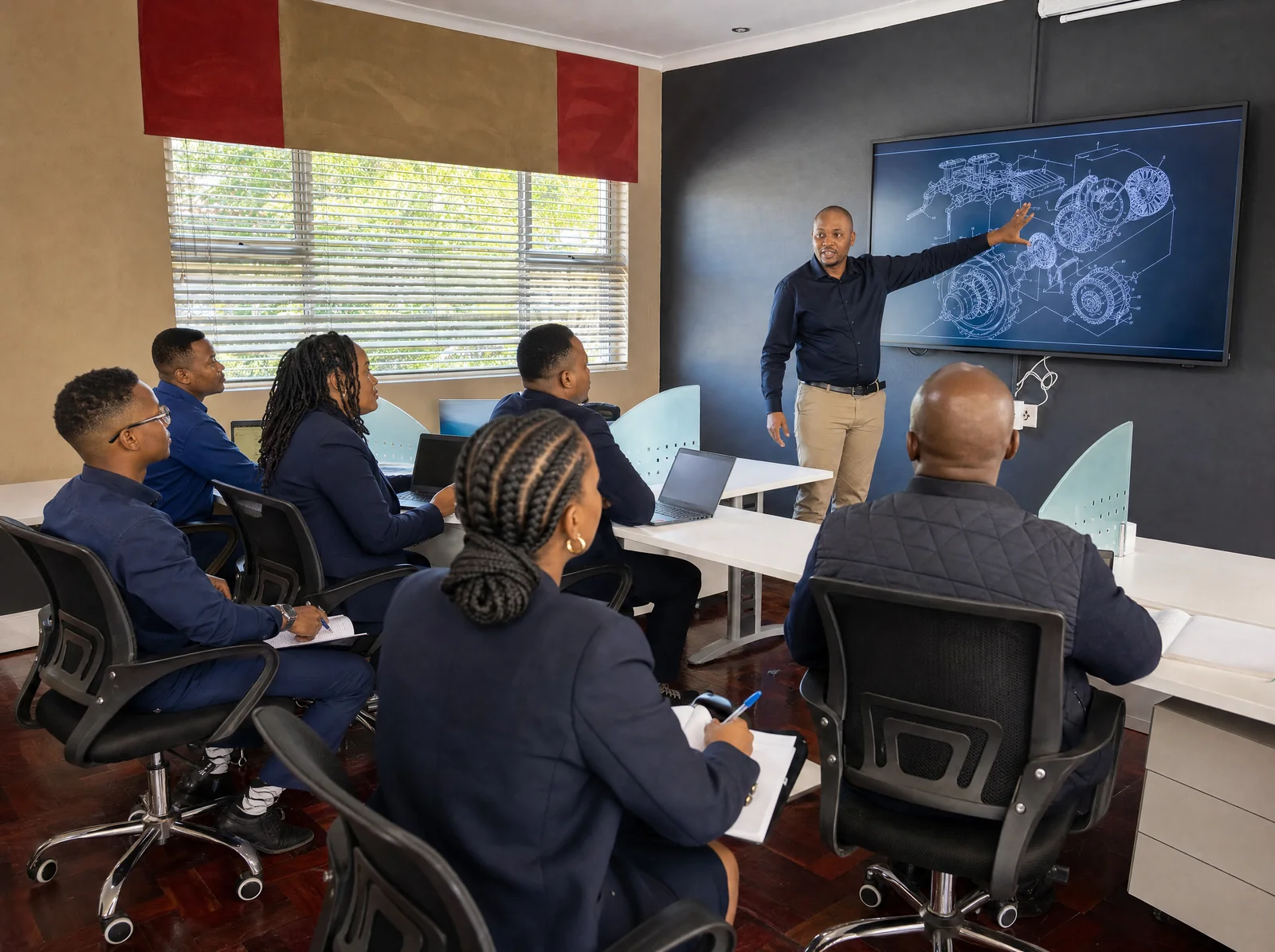 Learners in a modern classroom with an instructor explaining a technical diagram